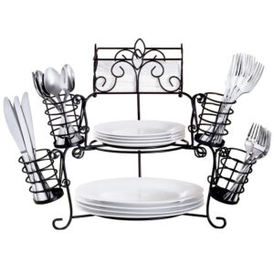 7-Piece Buffet Wire Rack Organizer Set for Dinner, Salad, Dessert Plates, Napkins, Cutlery Holder, and Flatware Storage Caddy