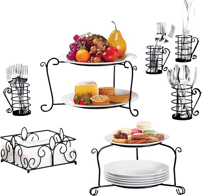 7-Piece Buffet Wire Rack Organizer Set for Dinner, Salad, Dessert Plates, Napkins, Cutlery Holder, and Flatware Storage Caddy