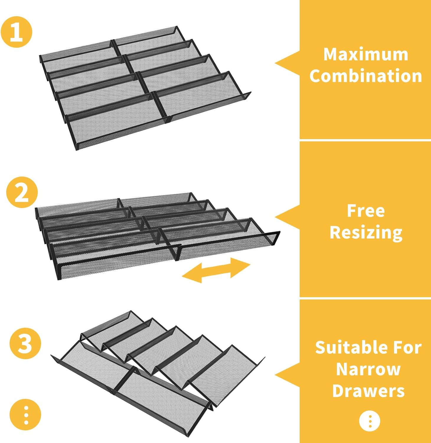 Expandable 8-Piece Steel Mesh Spice Drawer Organizer - Matches 10.75" to 21.5" with Storage for 48 Spice Jars - Kitchen Countertop Rack