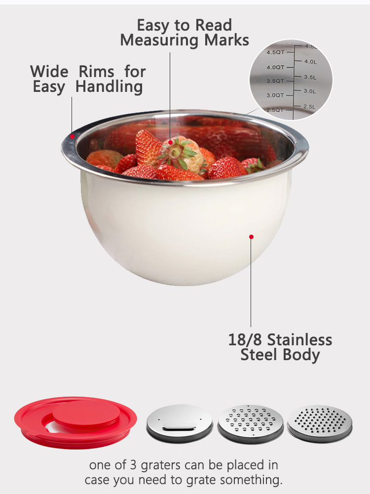 In style Salad Bowl Set with Silicone Lid, Grater, and Deal with - Stainless Metal Mixing Bowls for Beating Eggs and Extra