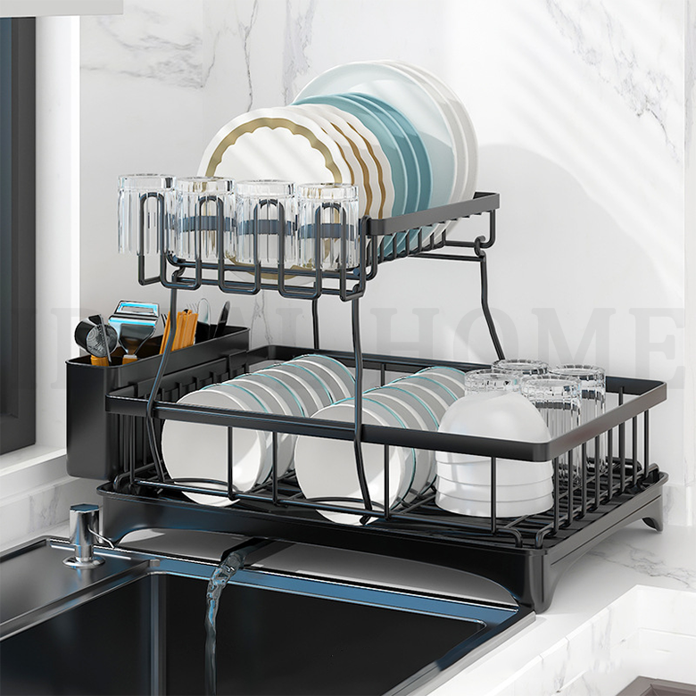 OEM Black 2-Tier Dish Rack with Drainboard, Cutlery Holder, Cup Holder, and Rustproof Plate Drainer