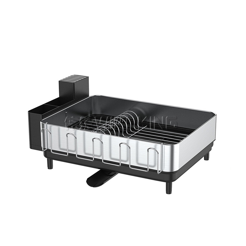 WIREKING Stainless Metal Expandable Dish Drying Rack with Cutlery Holder, Cups, and Slicing Board Holder