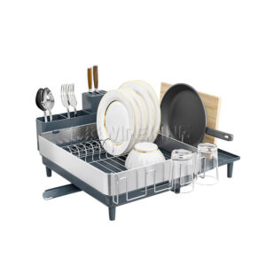 WIREKING Stainless Metal Expandable Dish Drying Rack with Cutlery Holder, Cups, and Slicing Board Holder